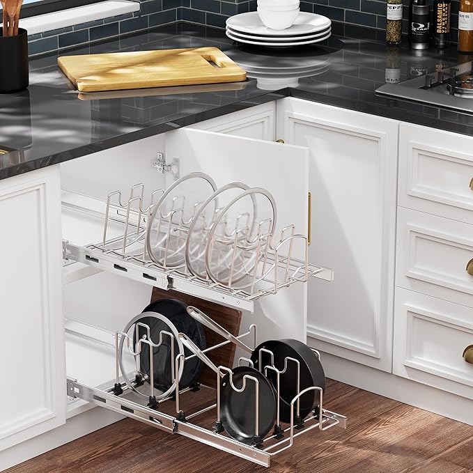 Slide Out Pot Lid Organizer Under Cabinet, Wire Dividers Kitchen Pull Out Pot Lid Storage Rack Holder, Full-Extension Rail 15" W*22" D