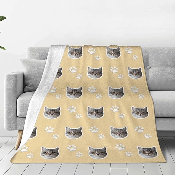 Custom Blanket with Funny Cat Face Personalized Soft Warm Fleece Throw Blankets with Paw Bones Customized Throws for Couch Bed Sofa Unique Gifts for Cat Dad Mom Pet Lovers