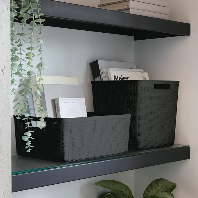 Curver Set of 4 Large Cube 17L Jute Decorative Plastic Organization and Storage Baskets - Perfect Bins for Home Office, Closet Shelves, Kitchen Pantry and All Bedroom Essentials, Black