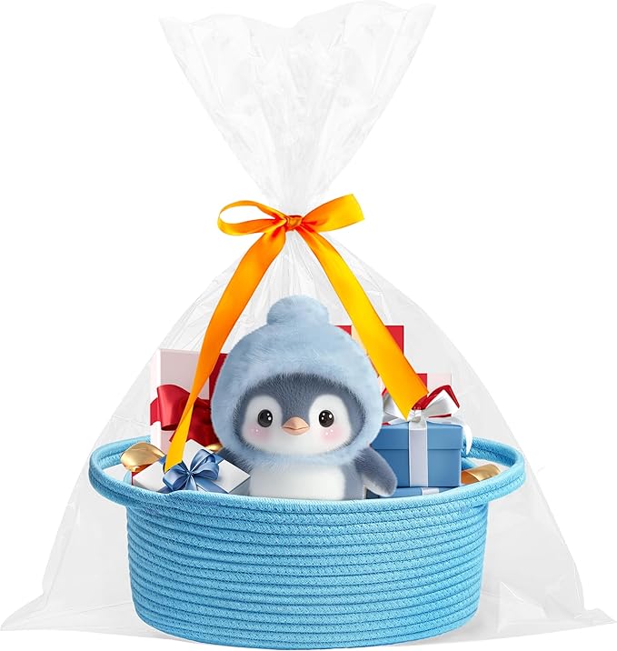 Pro Goleem Small Woven Basket with Gift Bags and Ribbons Durable Baskets for Gifts Empty Small Rope Basket for Storage 12"X 8" X 5" Baby Toy Basket with Handles, Blue