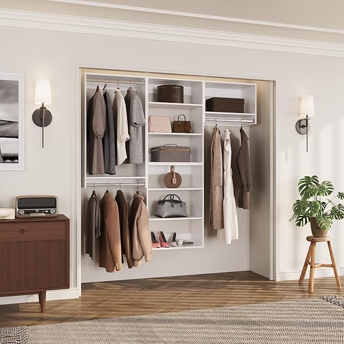 ROOMTEC Modular Closet System, 72" Wall-Mounted Closet Organizer with Hanging Rods, Modern Wooden Tower for Walk-In Closets, Wardrobe Storage Kit, White