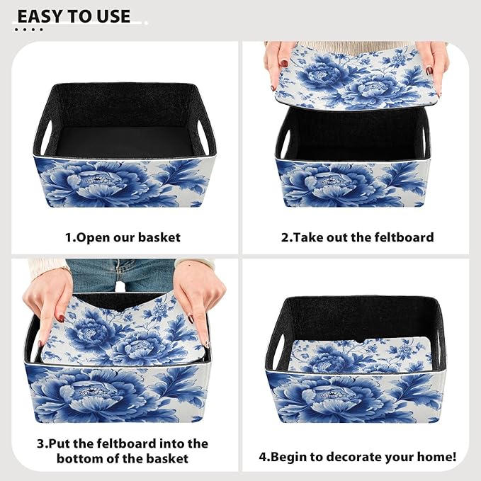 Blue and White Peony Flowers Butterfly Closet Storage Bins 2 Pcs Felt Open Home Storage Containers Organizer with Handles Collapsible Shelf Basket for Home Office Craft Room Classroom Fabric