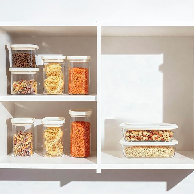 Urban Green Glass Food Storage Jar with Glass Lid in Square Shape, Food Canister Set with Airtight Lids, Pantry Jars for Kitchen Organization, Food Storage Containers in Set of 6