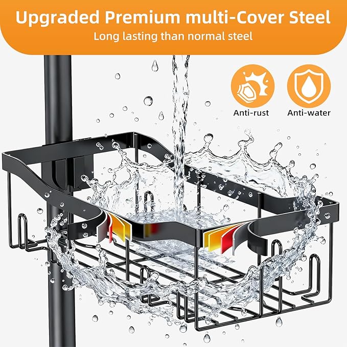 Shower Caddy Corner, 6 Tier Tension Pole Rod Bathroom Organizer Shelves, Adjustable Bathtub Shampoo Stand Rack with Towel Rack 2 Holders for Inside Shower Storage, Floor to Ceiling 47-122 Inch, Black