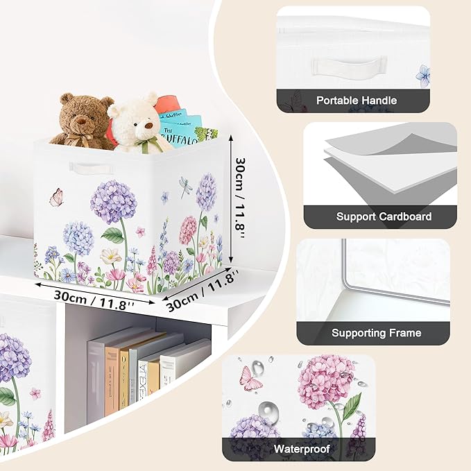 Clastyle Flowers Storage Cube Organizer Set Handle Closet Clothes Cube with Metal Frame Foldable Parents Organizer Storage Basket for Book Toy,Purple Hydrangea,11.8x11.8x11.8 in