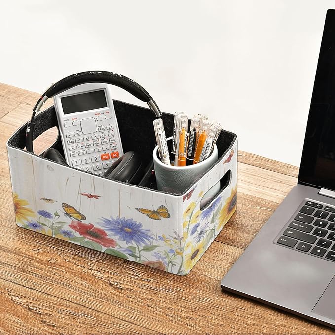 Closet Storage Bins 2 Pcs Felt Open Home Storage Containers Organizer with Handles Collapsible Shelf Basket for Home Office Craft Room Classroom Fabric Cornflower Butterfly Daisy
