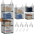 Hanging Closet Organizer, 4 Tier Metal Closet Organizers and Storage with 4 Hanging Hooks 4 S-Hooks for Wardrobe Laundry Room, Wire Storage Shelf for Clothes Sweaters Pants (Black)