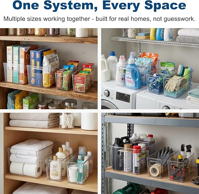 MOONEDGE 4 Pack Modular Clear Plastic Storage Organizer Bins – 2 Large & 2 Narrow, Nestable Space-Saving System for Pantry & Kitchen Storage, Fridge, Bathroom & Cabinet