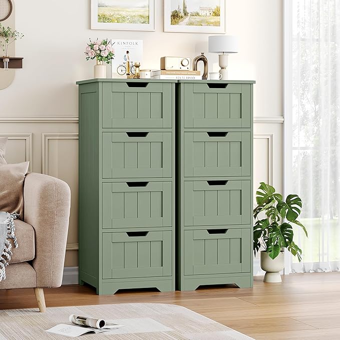 FOTOSOK Bathroom Storage Cabinet, Bathroom Cabinet with 4 Drawers, 11.8” x 11.8” x 32.5” Freestanding Entryway Cupboard Storage Organizer Unit Home Furniture Decor, Green