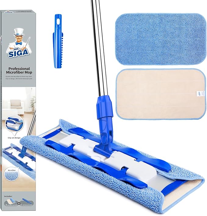 MR.SIGA Professional Microfiber Mop for Hardwood, Laminate, Tile Floor Cleaning, Stainless Steel Telescopic Handle - 3 Reusable Flat Mop Refills and 1 Dirt Removal Scrubber Included