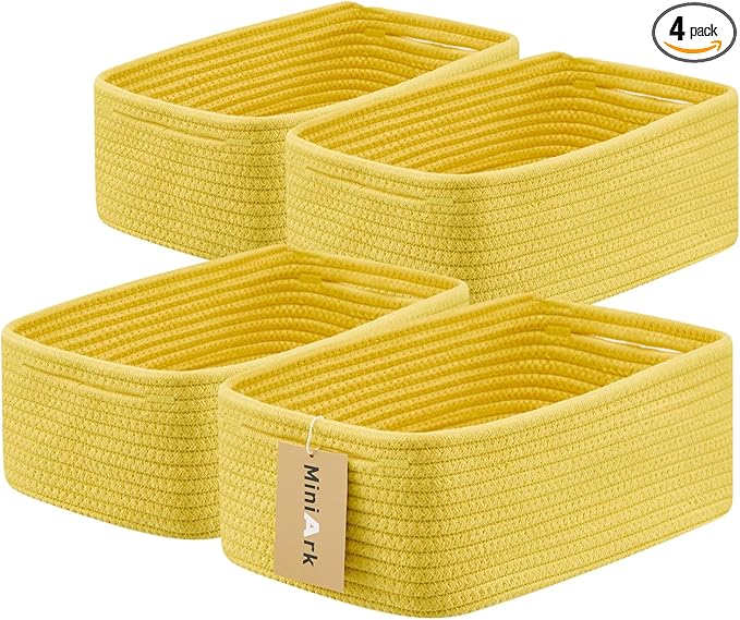 Small Storage Baskets for Organizing | Closet Organizer Bins | Shelf Toy Basket | Woven Rope Baskets | Cube Decorative Box | Shallow Basket | 13x8.5x5.1” | 4 Packs Yellow