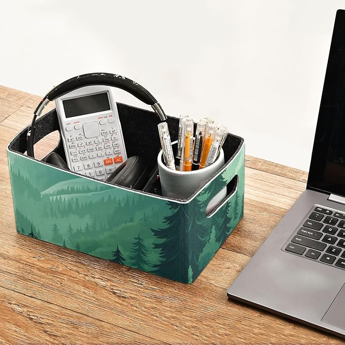 Mountain Forest Trees Green 02 Closet Storage Bins 2 Pcs Felt Open Home Storage Containers Organizer with Handles Collapsible Shelf Basket for Home Office Craft Room Classroom Fabric