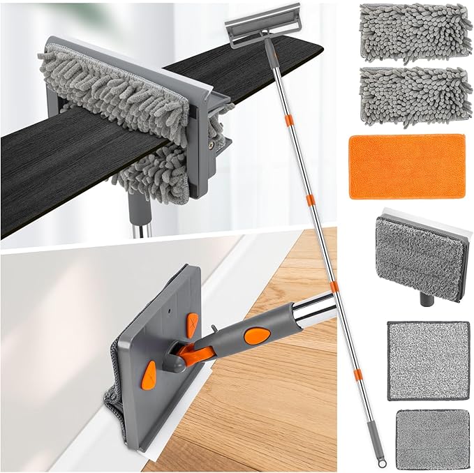 Ceiling Fan Cleaner Duster with 84'' Extension Pole, Baseboard Cleaner Tool with Handle, Reusable Chenille & Microfiber Pads for Dusting Ceiling Fan Baseboard Wall Window Floor