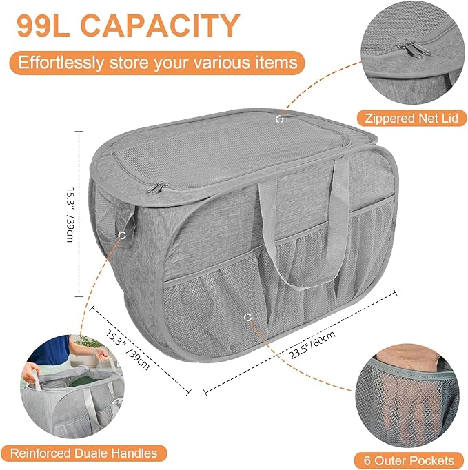 4 Pack Collapsible Laundry Baskets with Lid, Foldable Laundry Basket with Pockets, Pop Up Laundry Hamper with Dual Handles, 99L Sturdy Hampers for Clothes, Groceries, Supplies, Tools, Grey