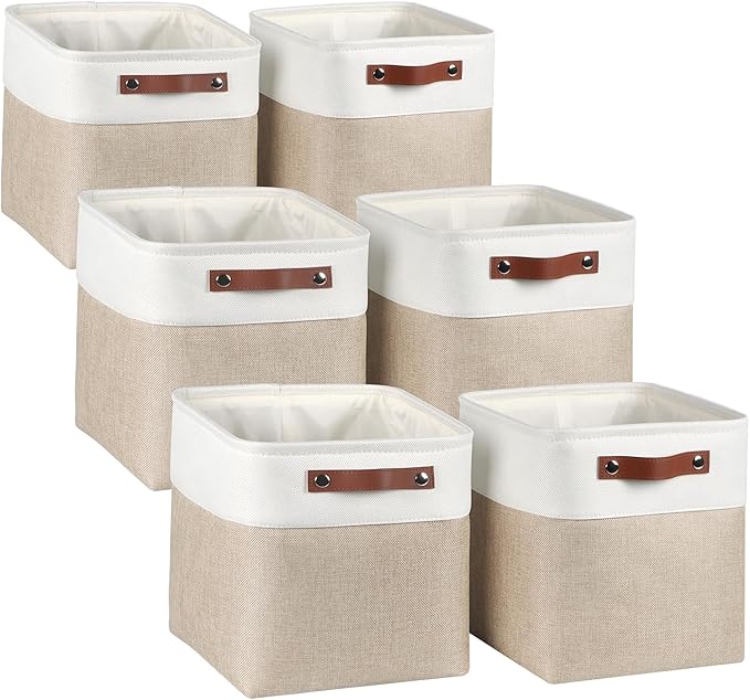 Kntiwiwo Fabric Storage Cubes 10.5”x10.5”x11” Cube Storage Bins for Closet Organizers and Storage Shelves Foldable Storage Bin with Handles, Set of 6, Beige