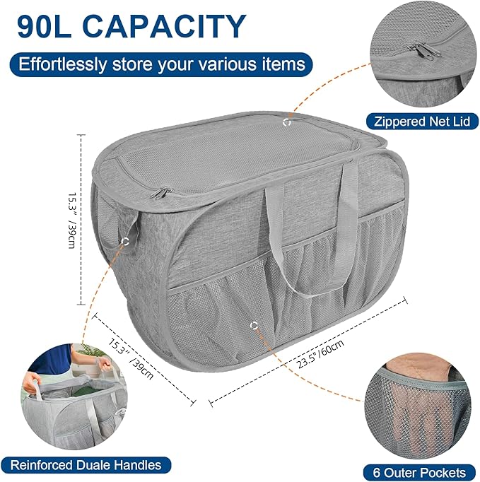 Collapsible Laundry Baskets, Tear Proof Pop Up Laundry Hamper with Lid, Dual Handles Durable Foldable Laundry Basket, Easy to Carry Laundry Hamper for Home, Laundry Room, Bedroom, Dorm, Travel Grey