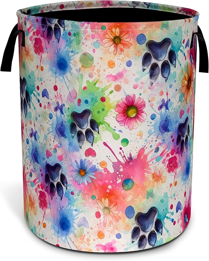 Colorful Dog Paw Prints Laundry Basket Oxford Cloth Pet Laundry Hamper With Handle Foldable Portable Clothes Storage Basket 18.9 X 16.5 Inch Storage Bag For Laundry Room/Bathroom/Bedroom/Dormitories