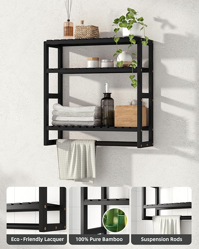 Over The Toilet Storage Bathroom Shelves Wall Mounted 3 Tier Space Saver Corner Shelf Organizer Bamboo Towel Rack Toilet Paper Cabinet with Hanging Rod Black