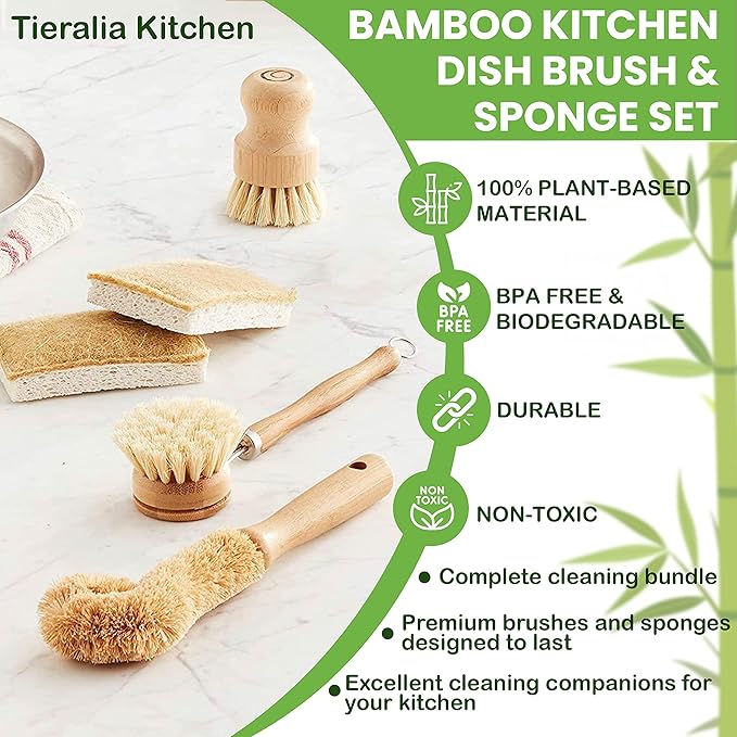 Tieralia Bamboo Dish Brush Gift Set – 5-Piece Kitchen Cleaning Set with Bottle Brush, Round Scrub Brush, Palm Brush & 2 Plant-Based Sponges | Wooden Handle Cleaning Tools for Dishes & Surfaces