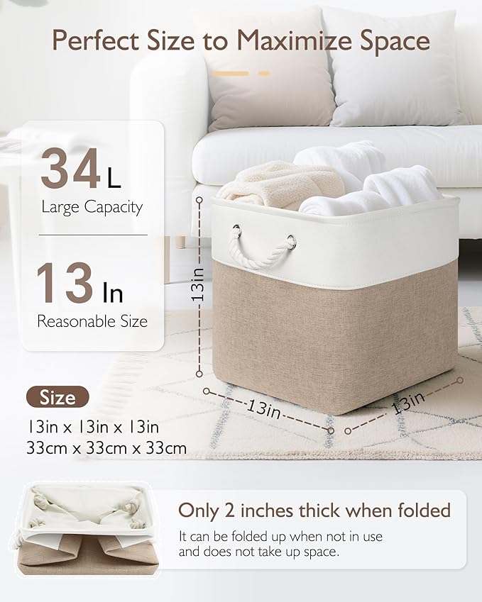 13x13x13 Cube Storage Bins,4 Pack Large Foldable Fabric Storage Cubes with Handles for Organizing Home, Closet, Shelf, Office(White&Khaki)