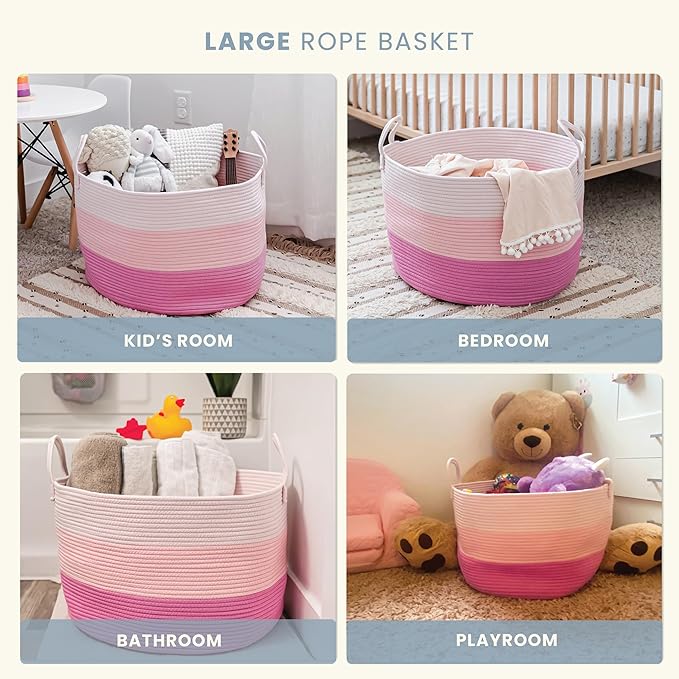 OrganiHaus Large Woven Storage Basket for Blankets and Toys 20" x 13" Inch, Rope Laundry Basket with Handles, Cushions & Pillows Storage Bin, Nursery Hamper, Soft Round Dog Toy Bin - Pink