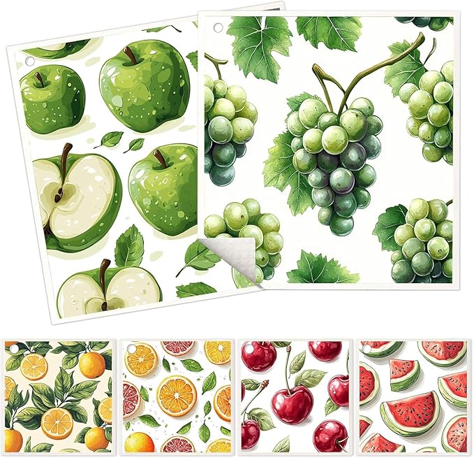 6 Pack Swedish Dishcloths for Kitchen - Reusable Dish Paper Towels Cloths Washable,Absorbent Cellulose Cleaning Sponge Cloth Wipes Quick Dry, Decorative Tea Towels,No Odor Biodegradable(Fruit)