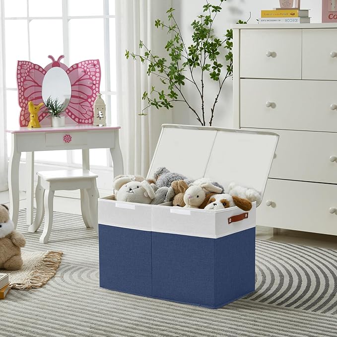 Large Toy Storage Box with Lids, Collapsible Sturdy Baby Storage Organizer Chest Bin Basket for Kids, Boys, Girls, Playroom, Nursery, Bedroom, Closet 25"x13"x16" (Navy Blue and White)