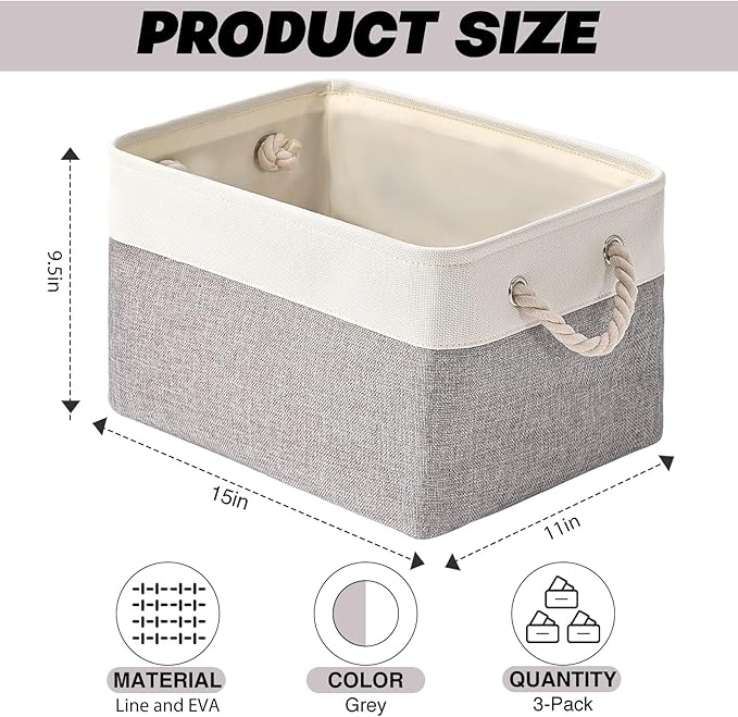 Storage Bins 3 Pack, Fabric Storage Basket for Collapsible Medium Canvas Storage Baskets for Organizing Shelf Nursery Home Closet with Cotton Rope Handle 15(L) x 11(W) x 9.5(H) inch(White&Grey-3PCS)