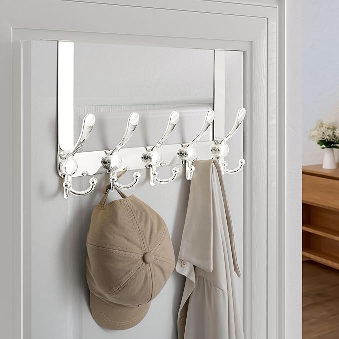 Dseap Over Door Hook 2.0 - Upgraded Version - Simple-Assembly, Strong, Heavy-Duty Stainless Steel 5-Tri-Hook Over The Door Hanger Rack, SimpleStrong Series, Chromed