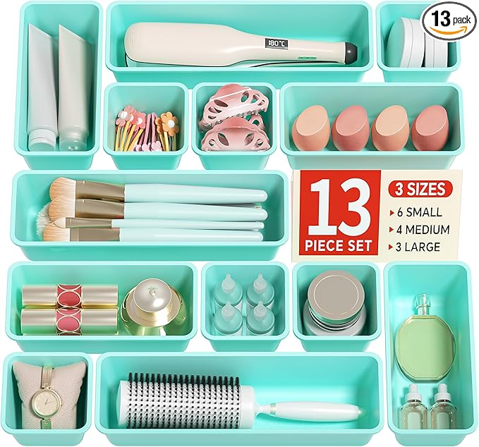 13 Pack Plastic Drawer Organizers Set, 3 Sizes Desk Drawer Organizer Trays for Vanity and Makeup Organizer, Organization and Storage for Makeup, Kitchen Utensils, Bathroom and Office(Blue)