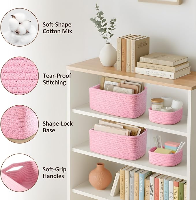 5-Pack Small Woven Rope Storage Baskets – 2 Sizes Organizer Bins for Closet, Shelf, Bookshelf, Nursery, Changing Table, Fabric Cube Boxes, Rectangular Shallow Bins for Bathroom, Toy & Home
