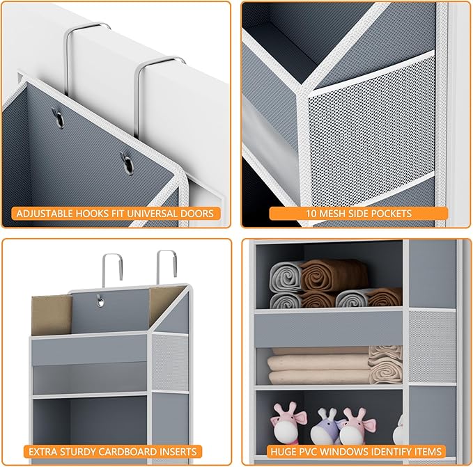 Over The Door Organizer - Over Door Storage Organizer with 5 Large Pockets & 10 Mesh Side Compartments - Heavy-Duty Hanging Storage for Bathroom, Bedroom & Closet - Baby Room Organize - Grey