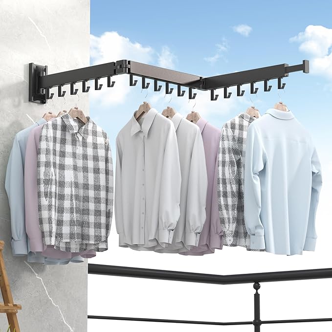 ZdwCyl Clothes Drying Rack Wall Mounted,Laundry Rack Wall Wount,Drying Rack Clothing for Laundry,Retractable Dryer Racks,Wall Mounted Drying Rack Collapsible, Black, Sandy Coating,3z-b01