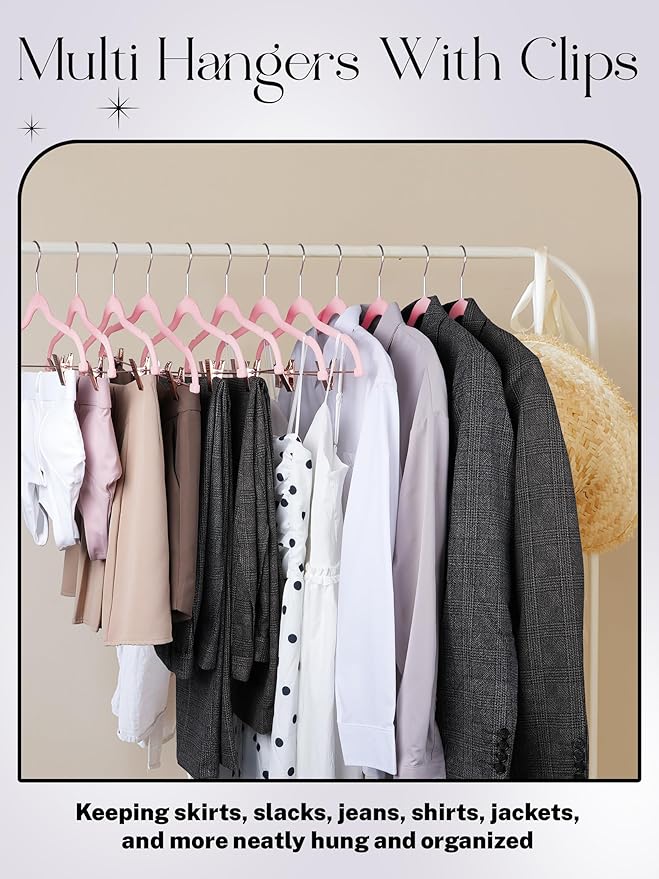 HOUSE DAY Velvet Skirt Hangers 24 Pack, Non Slip Pants Hangers with Rose Gold Clips, Ultra Thin Velvet Hanger Space Saving, Heavy-Duty Clothes Hanger for Trouser, Jeans, Dresses, Coats (Pink)
