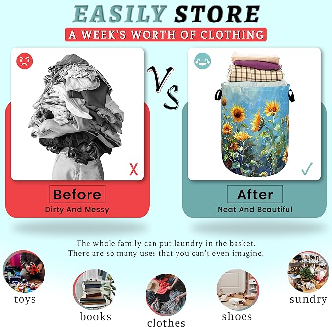 Watercolor Sunflower Laundry Basket Flowers Funny Laundry Hamper Foldable Oxford Cloth Floral Colorful Tote Bag Clothe Toy Storage Bucket 18.9" x 16.5" For Bathroom/Laundry Storage/Bedroom
