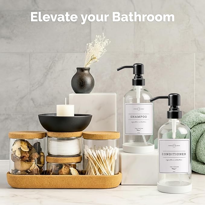 Vine Creations Clear Glass Soap Dispenser, 2 Pack Kitchen Soap Dispenser Set with Stainless Steel Pump, 16 oz Dish Soap and Hand Soap Dispensers for Bathroom with Waterproof Labels