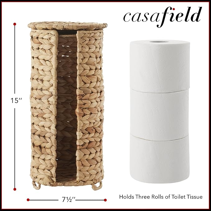 Casafield Free Standing Toilet Paper Storage Roll Holder with Lid - Natural, Fits 3 Rolls, Water Hyacinth Bath Tissue Organizer for Bathroom