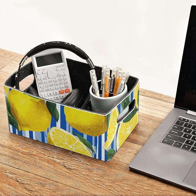 Closet Storage Bins 2 Pcs Felt Open Home Storage Containers Organizer with Handles Collapsible Shelf Basket for Home Office Craft Room Classroom Fabric Blue Stripe Lemon Dandelion Summer