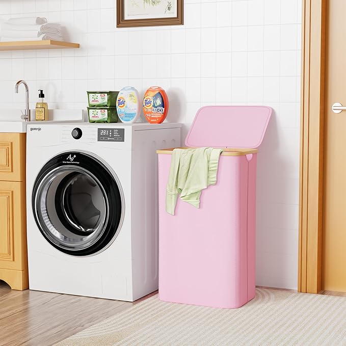 SUOCO Laundry Hamper with Lid, 29 Gal (110L) Clothes Basket with Bamboo Handles, Large Foldable Laundry Hamper for Bedroom, Bathroom, Dorm, Laundry Room - Pink