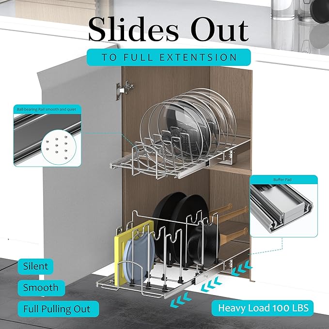 Slide Out Pan and Pot Lid Organizer For Under Cabinet, Wire Dividers Kitchen Pull Out Pot Lid Rack Organization And Storage, Full-Extension Rail, 12" W X 20" D