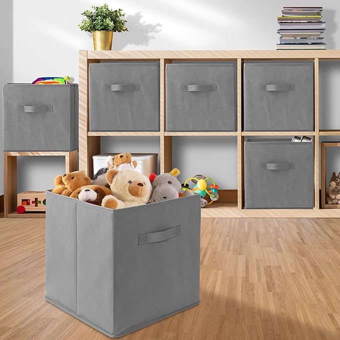 Casafield Set of 6 Collapsible Fabric Cube Storage Bins, Gray - 13" Foldable Cloth Baskets for Shelves, Cubby Organizers & More