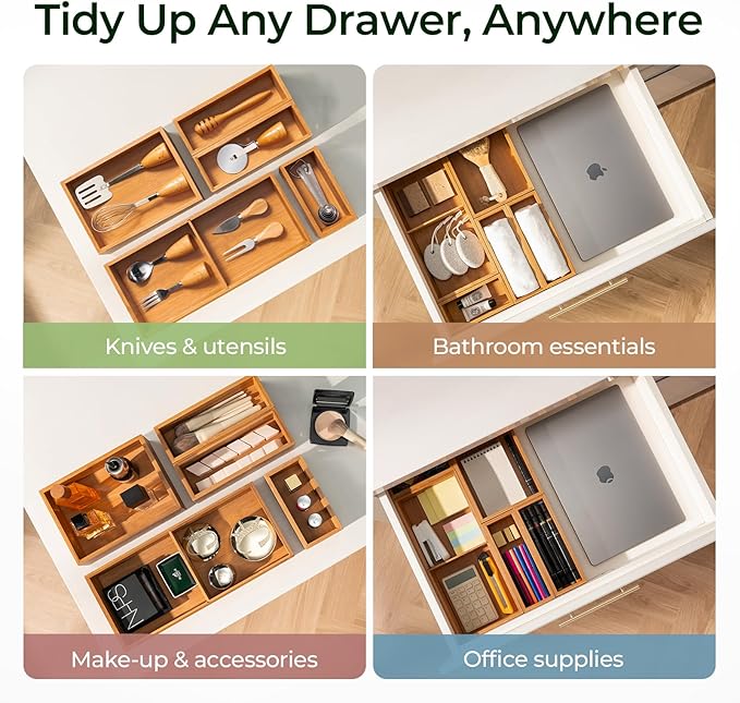 5-Piece Bamboo Drawer Organizer Set, 2.2" Deep Multi-Use Organizers for Utensils, Silverware, Cutlery, Desk, Bathroom, Junk Drawer & Makeup, Non-Slip Feet Included.