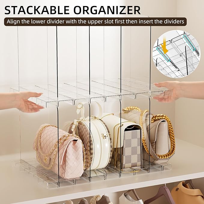 JOYZAN Purse Organizer for Closet Stackable, Adjustable Closet Purse Organizer, Clear Acrylic Shelf Dividers, Detachable Handbag Storage Separator Dividers for Home, Office - 1 Pack
