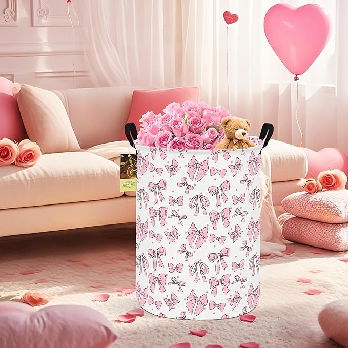 HUNRUNG Laundry Hamper,Large Canvas Fabric Lightweight Storage Basket Toy Organizer Dirty Clothes Collapsible Waterproof for College Dorms（Round-Pink Bow）
