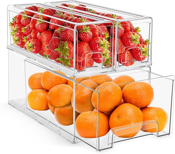 Sorbus Fridge Drawers - Clear Stackable Pull Out Refrigerator Organizer Bins - Food Storage Containers for Kitchen, Freezer, Vanity & Fridge (3 Pack | 1 Large, 2 Small Stackable Drawer Bins)