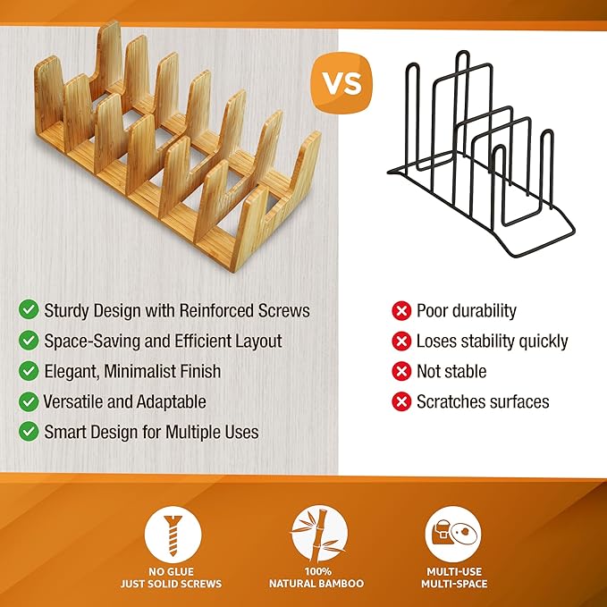 Kitchen Cabinet Organizer - Sturdy Bamboo Pot and Pan Organizer for Inside Cabinet - Multiuse Lid Organizer - Durable & Minimalist Kitchen Cabinet Organizer