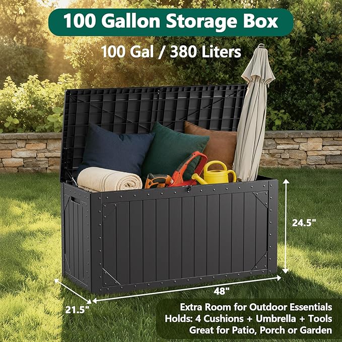 Outdoor Storage Box,100 Gallon Deck Box Outdoor Storage Bench Outside Waterproof Resin Storage Bench, Lockable Patio Cushions, Garden Tools Storage For Furniture, UV Resistant