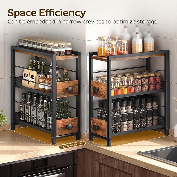 Spice Rack, 3-Tier Pull Out Spice Rack Organizer for Countertop, Narrow Kitchen Countertop Storage Shelf with 2 Drawers, for Kitchen, Cafe, Rustic Brown and Black SR02BR