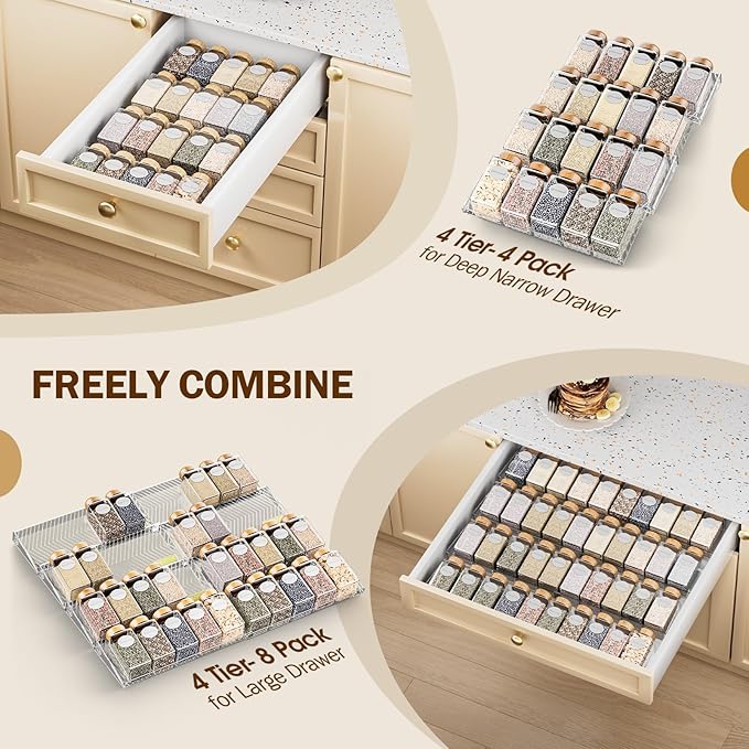 Spice Drawer Organizer, 4 Pack Clear Seasoning Organizer Rack, Expandable From 11" to 22" Wide Kitchen Spice Rack Organizers for Drawer, Countertop (Jars Not Included)