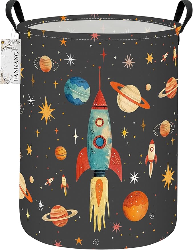 FANKANG Storage Basket, Nursery Hamper Canvas Laundry Basket Foldable with Waterproof PE Coating Large Storage Baskets for Kids Boys and Girls, Office, Bedroom, Clothes,Toys(Space rocket)